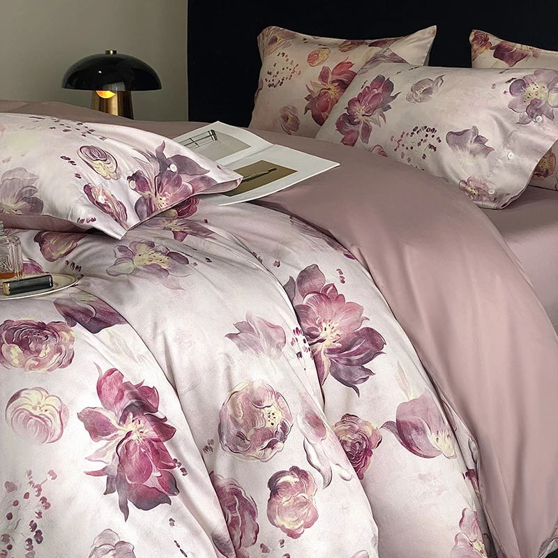 800TC Egyptian Cotton Flowers Print Bedding Set Single Double Queen King Size Duvet cover Set Bed Sheet Fitted Sheet Pillowcases 1