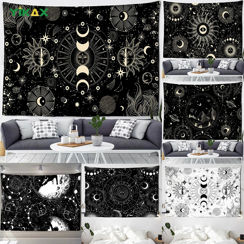 

Tapestry White Black Sun Moon Mandala Wall Hanging Aesthetic Starry Sky Boho Gypsy Psychedelic Witchcraft Astrology House Decor