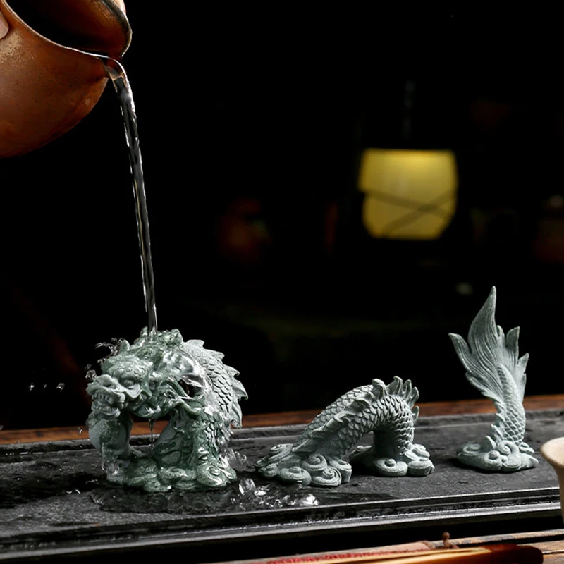 Tea Pet Ornaments Green Sandstone Chinese Dragon Ornament Creative Tea Pets Micro Landscape Fish Tank Bonsai Home Decorations