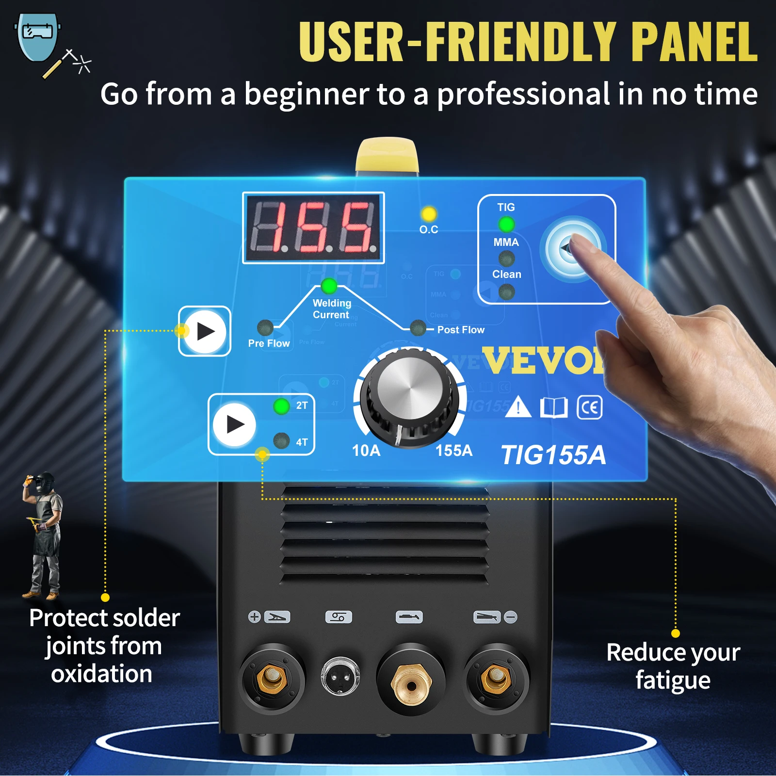 VEVOR 155A 3 in 1 TIG Welder AC110V 3 in 1 Multifunctional HF TIG ARC Clean IGBT Inverter Welding Machine with QQ150 Welding Gun 4