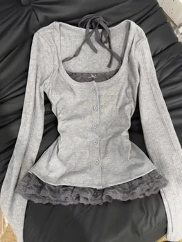 Deeptown Sweet Coquette T-shirts Women Shoujo Girl Aesthetic Elegant T-Shirts Japanese Lace Patchwork Long Sleeve Babydoll Tops 1