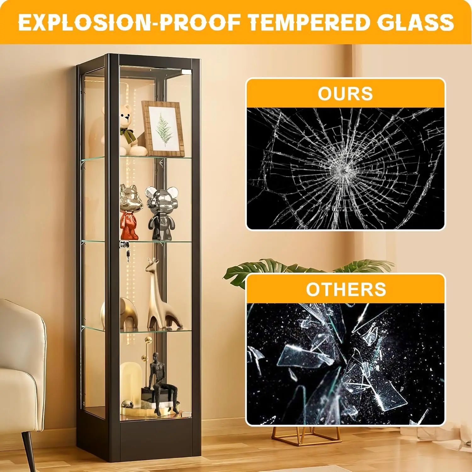 4-Tier Glass Display Cabinet Case with 13 Colors Light & Lock,63 Curio Cabinet with Glass Door&Adjustable Shelves,Thickened 5MM