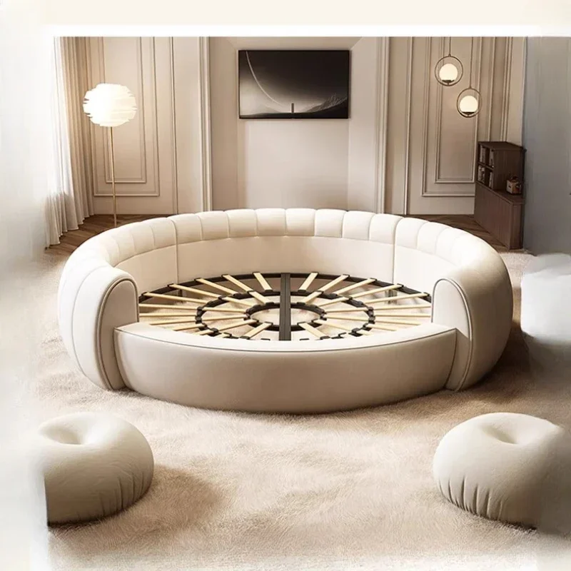 Lit Double King Size Rond, Lit Double Complet, Lit Double Luxe en Bois Moderne, Meuble de Chambre à Coucher avec Cadre de Tête de Lit Queen Size 1 Lit Double King Size Rond, Lit Double Complet, Lit Double Luxe en Bois Moderne, Meuble de Chambre à Coucher avec Cadre de Tête de Lit Queen Size 1
