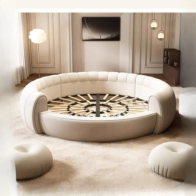 Lit Double King Size Rond, Lit Double Complet, Lit Double Luxe en Bois Moderne, Meuble de Chambre à Coucher avec Cadre de Tête de Lit Queen Size 1