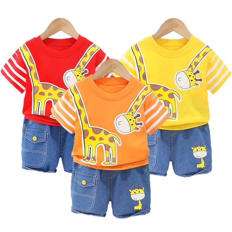 

Summer Boys Clothing Set Cartoon Giraffe Pattern Stripe Short Sleeve+Jeans Shorts 2Pcs Suit For 0-4Y Kids Handsome Casual Outfit
