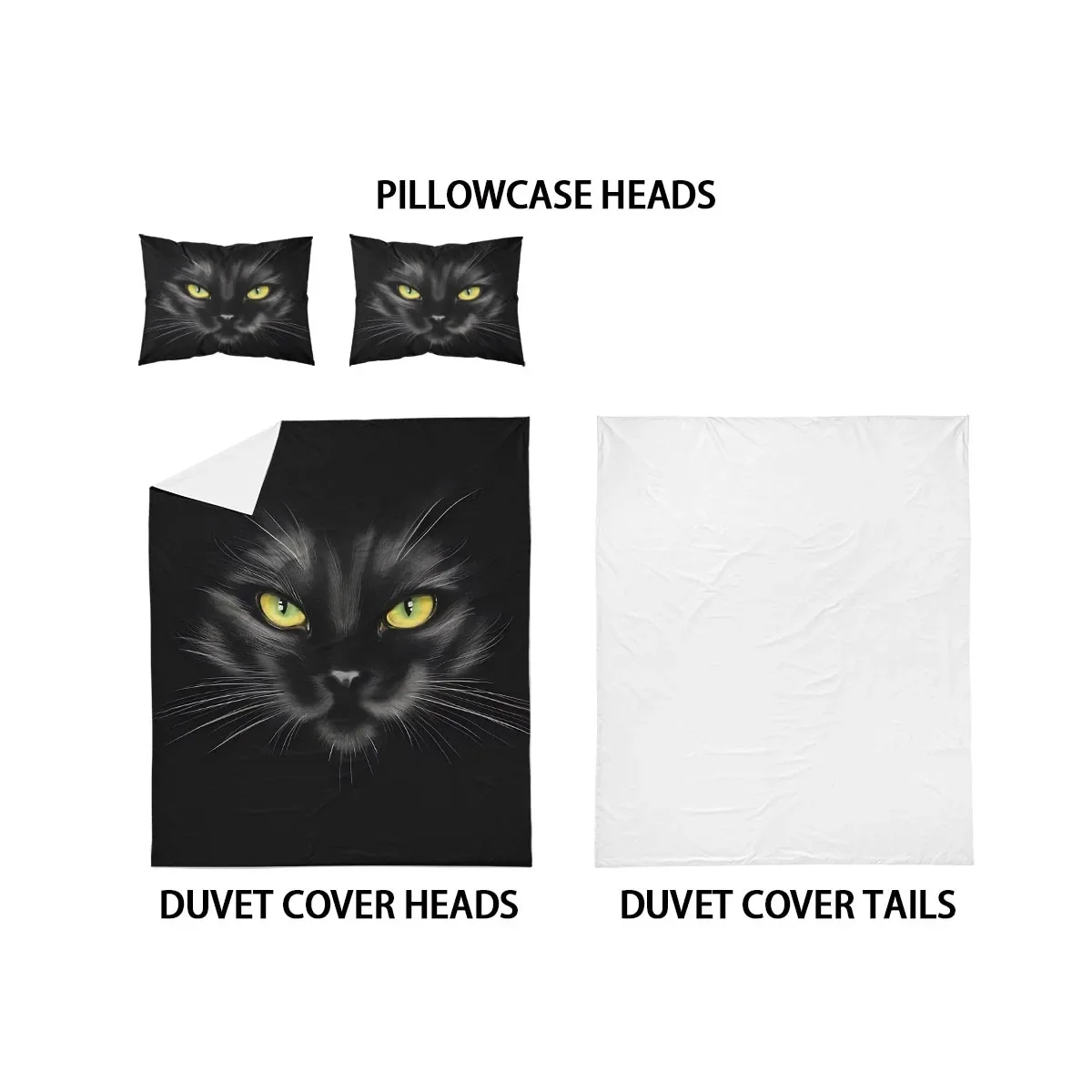 3pc Black Cat Printed Chipless Product Set for Bedrooms, Dormitories, Multiple Sizes, Soft and Comfortable, Machine Washable
