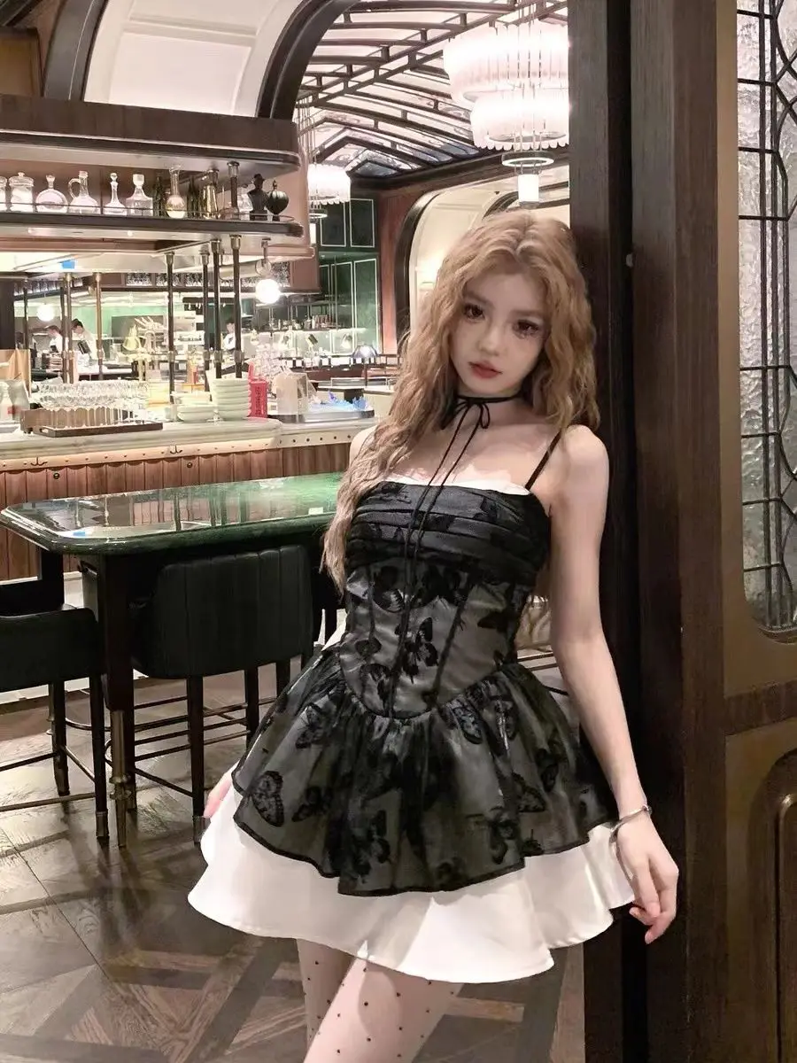 Y2K Spaghetti Strap Lace Patchwork Ruffles A-line Short Dresses for Women Summer Party Dress Korean Fashion One Piece Vestido