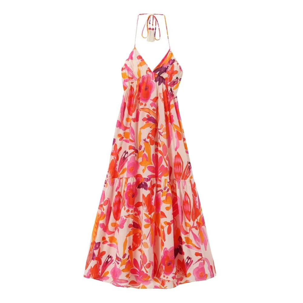 Women's 2024 Summer European Halter Neck Tassel Print Long Dress