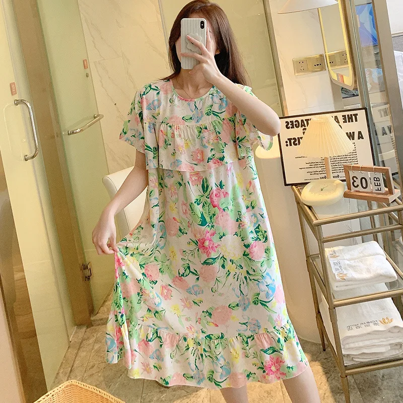 Floral Printed Nightgowns for Women Thin Cotton Summer Short Sleeves Ruffles Night Shirts Sleapwear Soft Sleep Dress Night Dress
