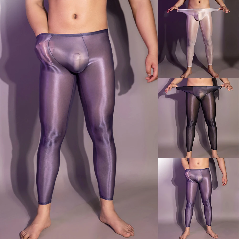 Mens Thin Oil Shiny Glossy Leggings See Through Underwear Sexy Long Pants Skinny Trousers Enhance Penis Pouch Bulge Bodystocking
