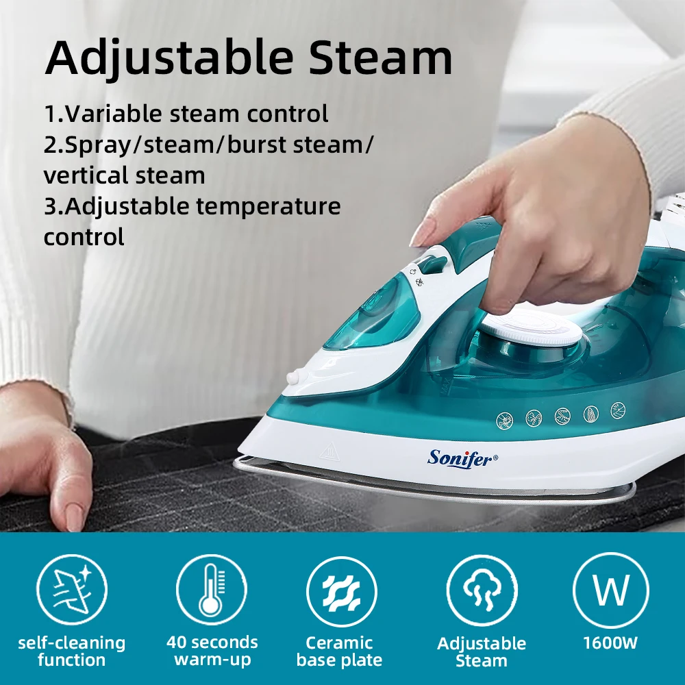Sonifer Steam Iron 1600W Fast Heating 160ml Water Tank Travel Iron Upright Steam Adjustable Steam Self-Cleaning Ceramic Soleplat 3
