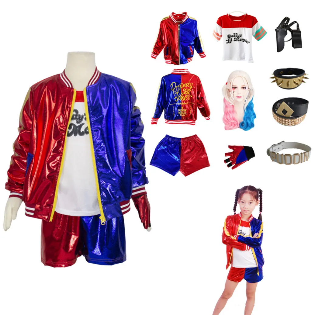 

Children's Day Girls Suicide Cosplay Costumes Quinn Squad Harley Monster T Shirt Coat Jacket Baseball Bat Accessories Full Set