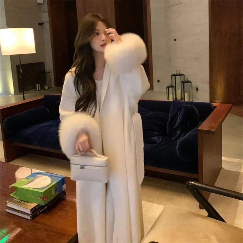 معاطف صوف بحزام للنساء ، معاطف فضفاضة ، ياقة فرو ك...