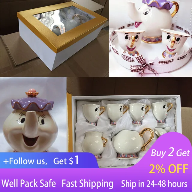 Rajzfilm Szépség És A Beast Teapot Bögre Mrs. Potts Chip Tea Pot Cup Cogsworth Porcelain Ajándék 18K Aranyozott Festett Zománc