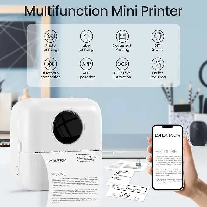 GlowMart Mini Pocket Printer Portable Thermal Sticker BT Printer for Android or iOS APP for Photo Journal Notes Memo Receipt