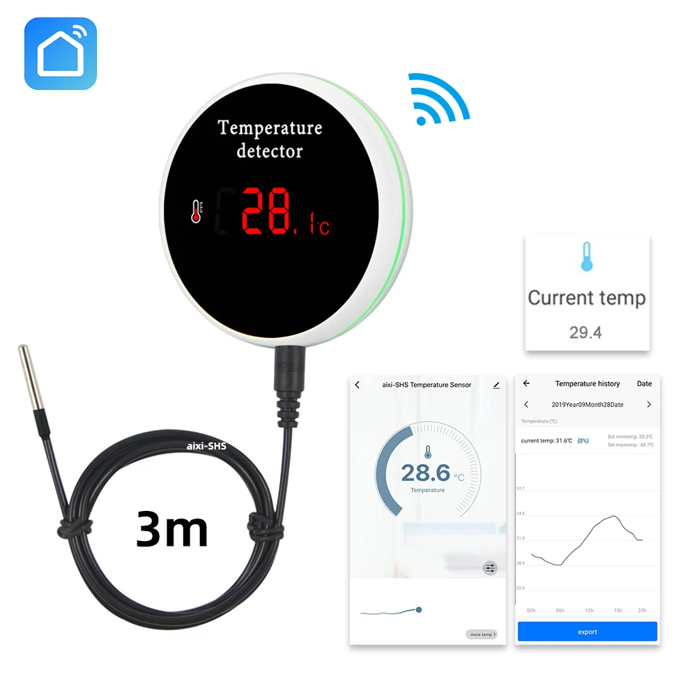 aixiSHS WiFi Temperature Sensor 3m Detachable Probe Trigger Alarm
