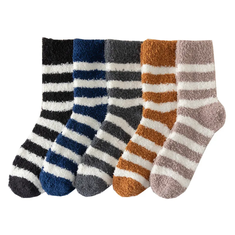 

5 Pairs Thick Man Short Socks Winter Coral Velvet Striped Thick Breathable Soft Elastic Keep Warm Fashions Floor Terry Socks