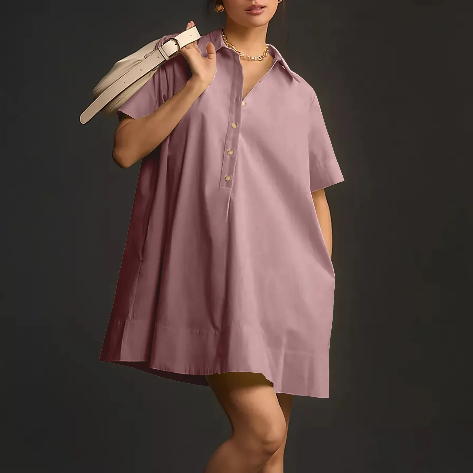

Summer Shirt Dress Stand Collar Loose Dress Single Breasted Raglan Sleeve Dresses With Pocket Women Tunic Short Dress Clothes