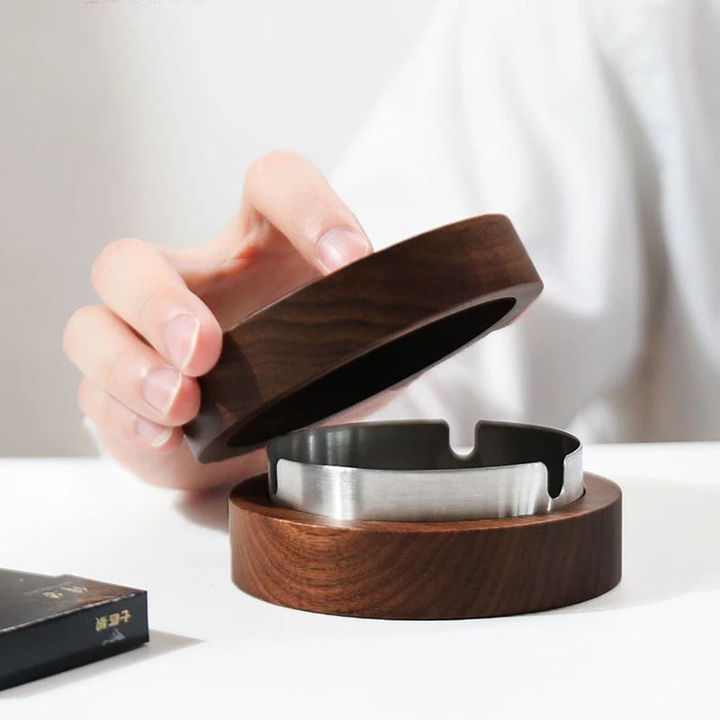 Walnut Wood Ashtrays With Lid Covered Windproof Ashtray Stainless Steel Liner Indoor Outdoor Ash Tray for Home