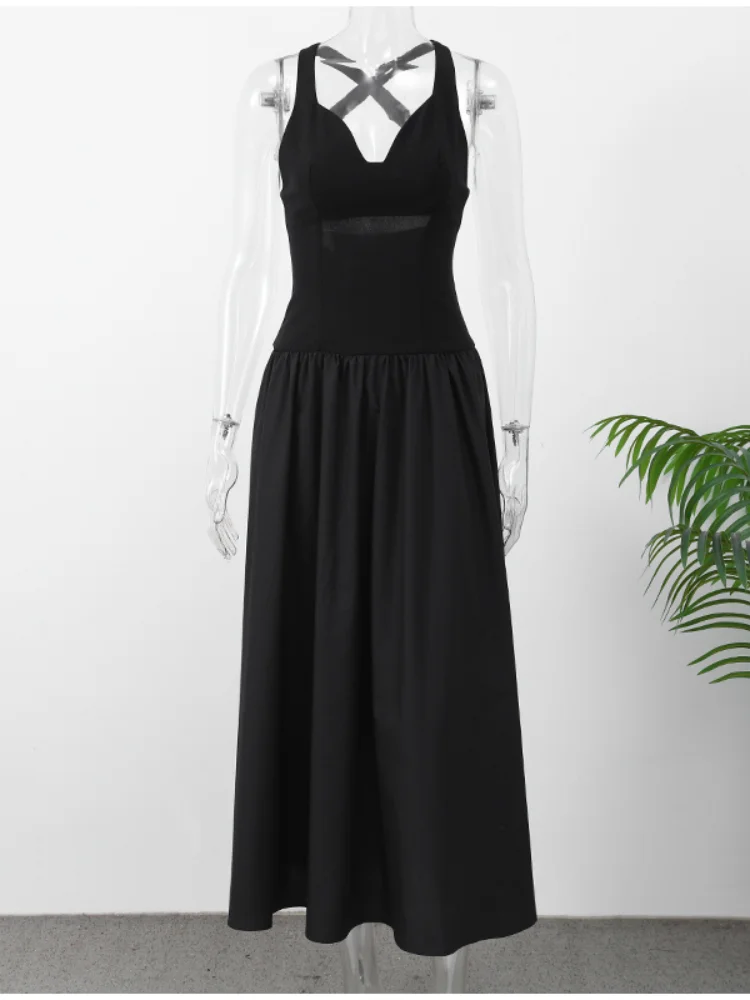 Summer Sexy Black V-neck Sleeveless Backless Maxi Dress Elegant Satin Patchwork Ruched Robes 2025 Lady High Street Dresses 5
