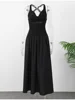 Summer Sexy Black V-neck Sleeveless Backless Maxi Dress Elegant Satin Patchwork Ruched Robes 2025 Lady High Street Dresses 5