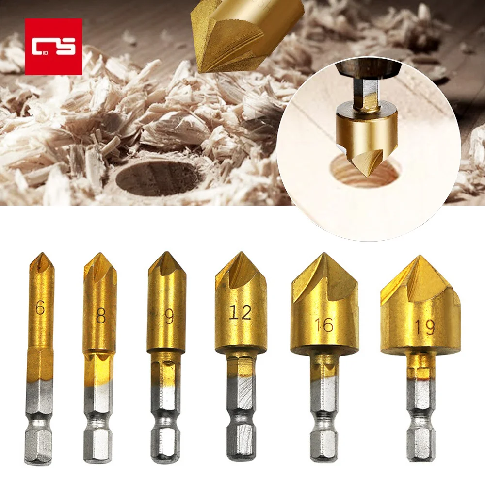 3PCS Counter Sink Drill Bit Set 1/4'' Hex Shank HSS 5 Flute Countersink 90 Degree Wood Chamfering Cutter Chamfer 6-19mm