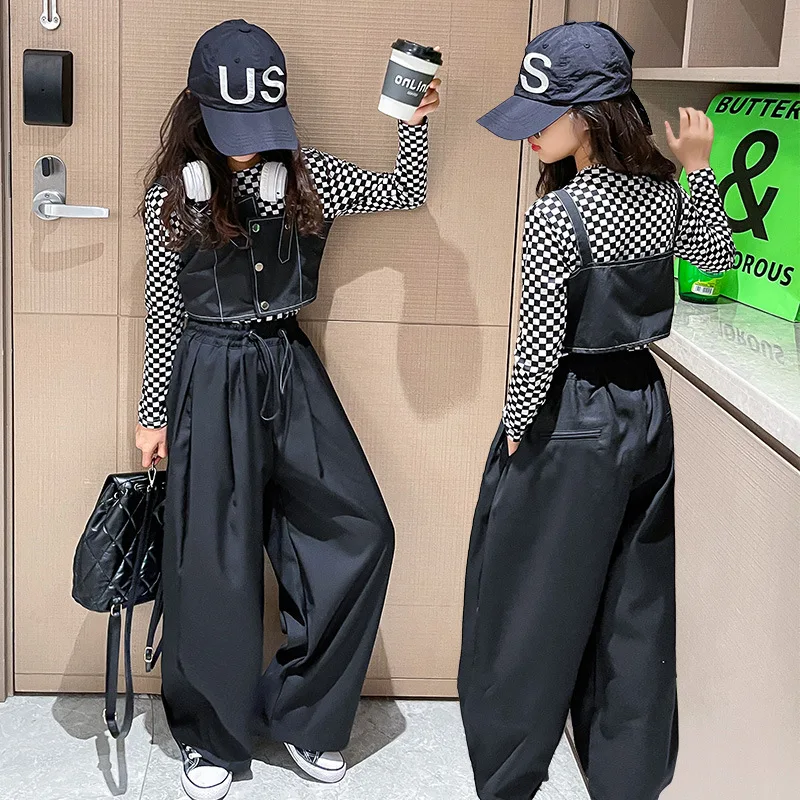 

Kid Girls Outfits Spring Plaid Undershirt T-shirt + Vest + Wide Leg Pant 3pcs Fashion Streetwear Children's Clothing Set 4-14Yrs