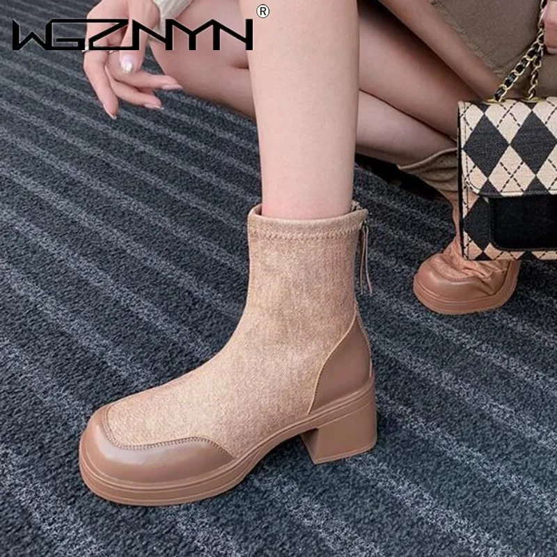 

Модная женская обувь 2023 новые женские сапоги с рукавом зимние однотонные короткие сапоги с круглым носком на толстом каблуке модные сапоги Zapatos Mujer