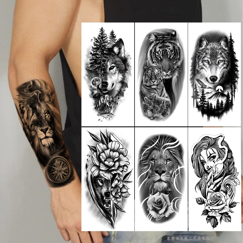 Waterproof Disposable Tattoo Sticker Wolf Head Totem Arabic Text