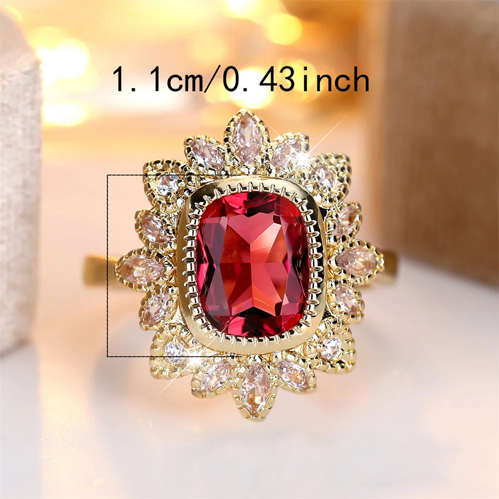 Red Crystal Square Stone Cute Flower Rings For Women Vintage Gold Color Engagement Bands Wedding Jewelry Bridal Birthday Gifts