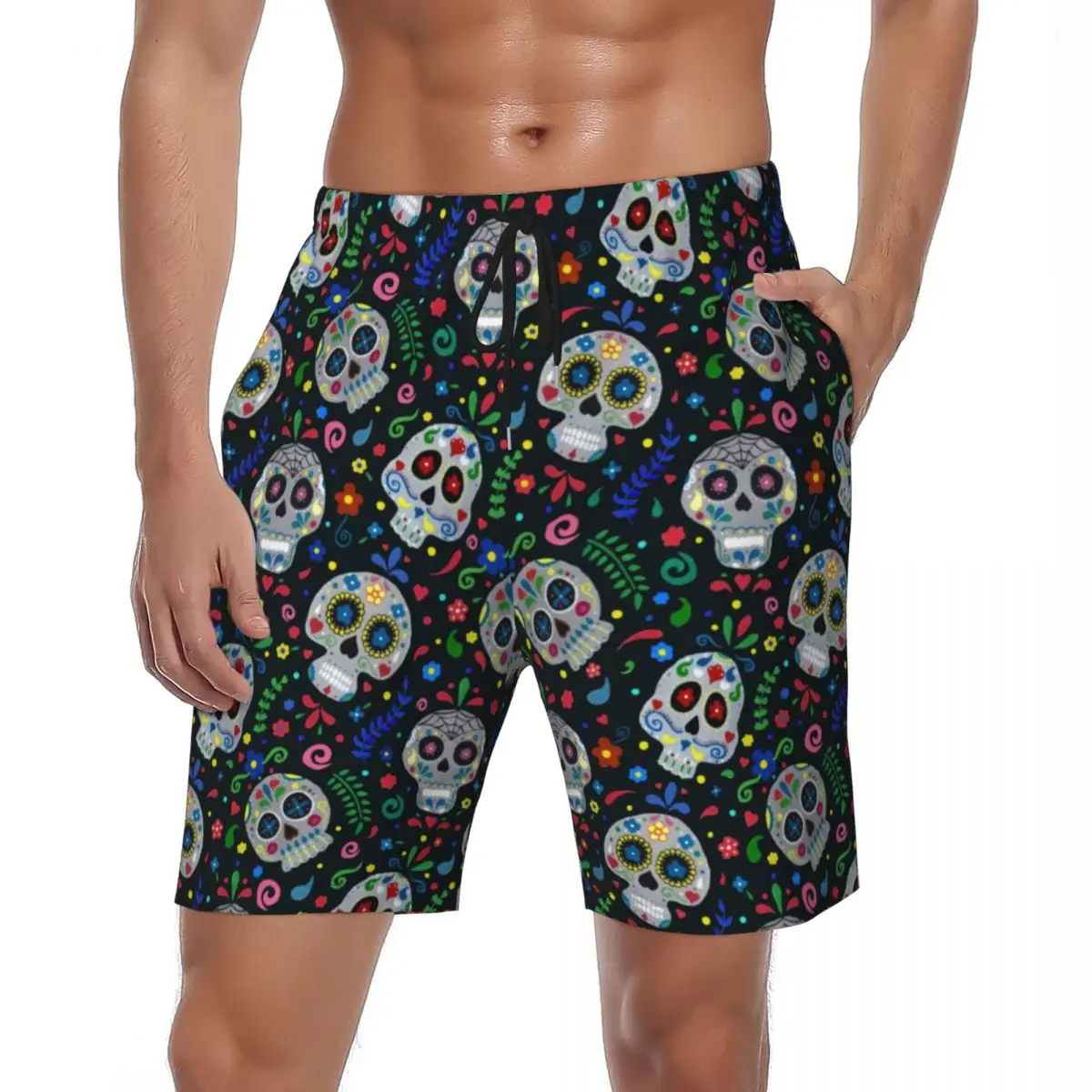 

Summer Board Shorts Male Dia De Los Muertos Sugar Skull Sportswear Floral Print Beach Shorts Classic Quick Dry Swimming Trunks