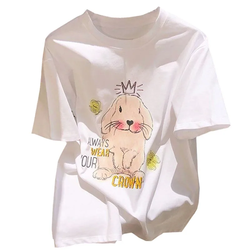 

Korean Summer Girly Style Fashion Woman's Clothes Daily T-shirt Cartoon Blushing Bunny Tees Harajuku Sweet Cute Female Top 2022