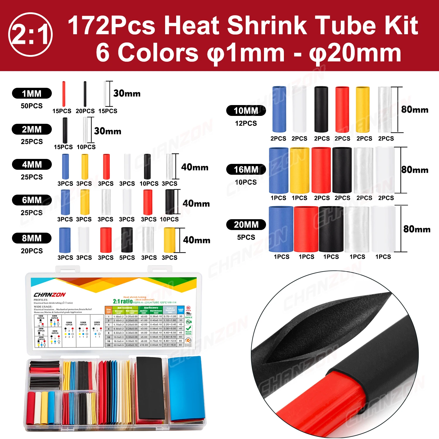 2:1 Multi Color Heat Shrik Tube Kit Heated Shrinking Wrap Tubing Tape Hose Wire Protector Assorted Clear Black White Heat-Shrink