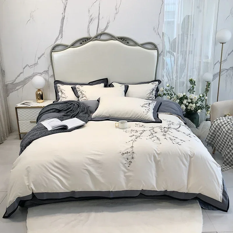 

White Flower Bird Embroidered Bedding Set 600TC Egyptian Cotton Soft Queen King Size Bed Sheet Pillowcase Duvet Cover Set 4Pcs