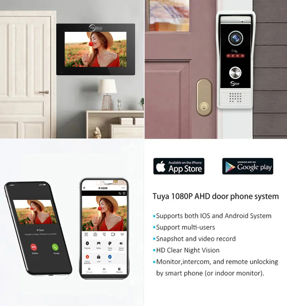 ANJIELO 1080P TUYA Smart Video Doorphone Lock Set Video Intercom system for Home