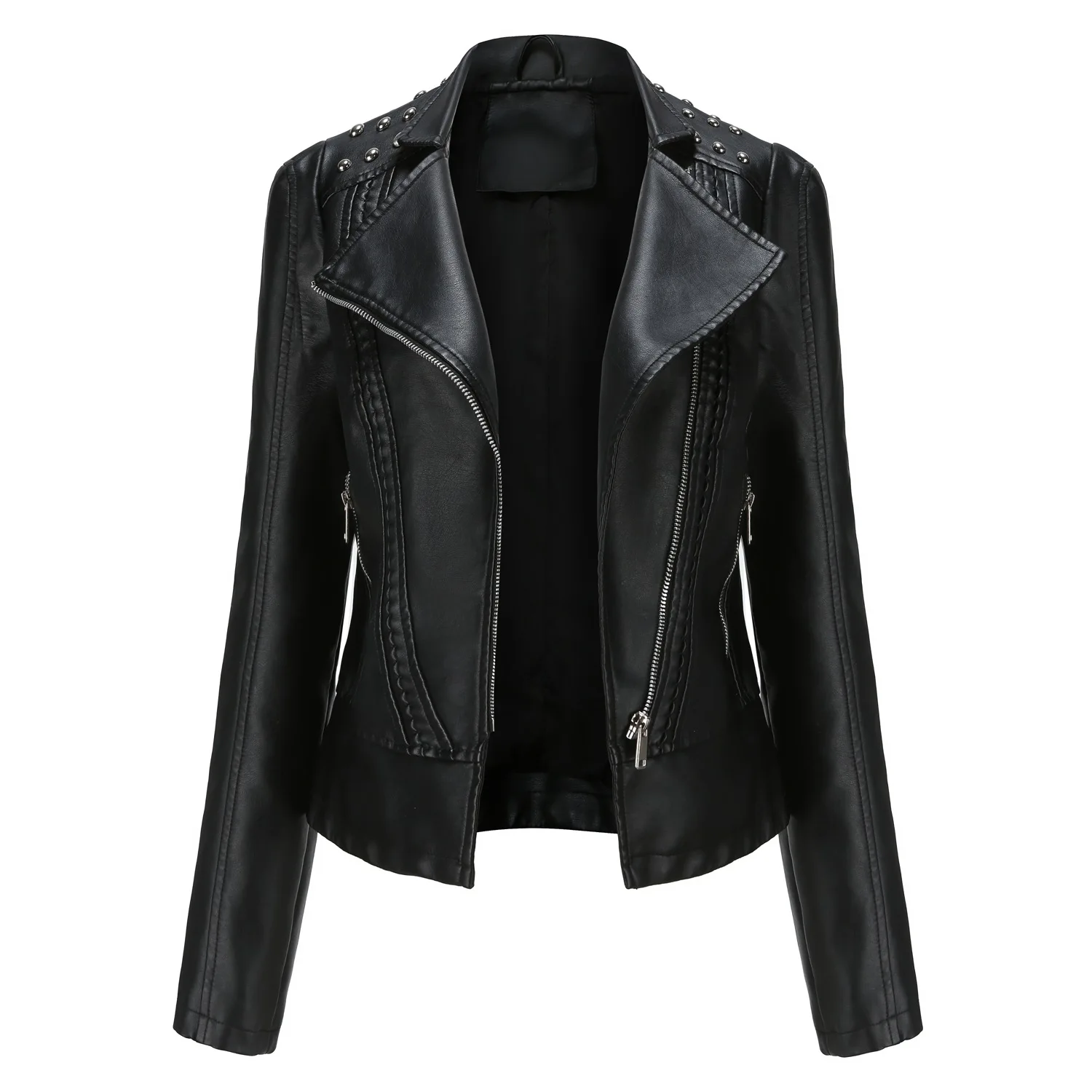 Women's Chic Rivets Leather Jacket Ladies Long Sleeve Fashion  Motorcycle Wear Coats Spring Autumn Women Thin PU Outerwear 2023
