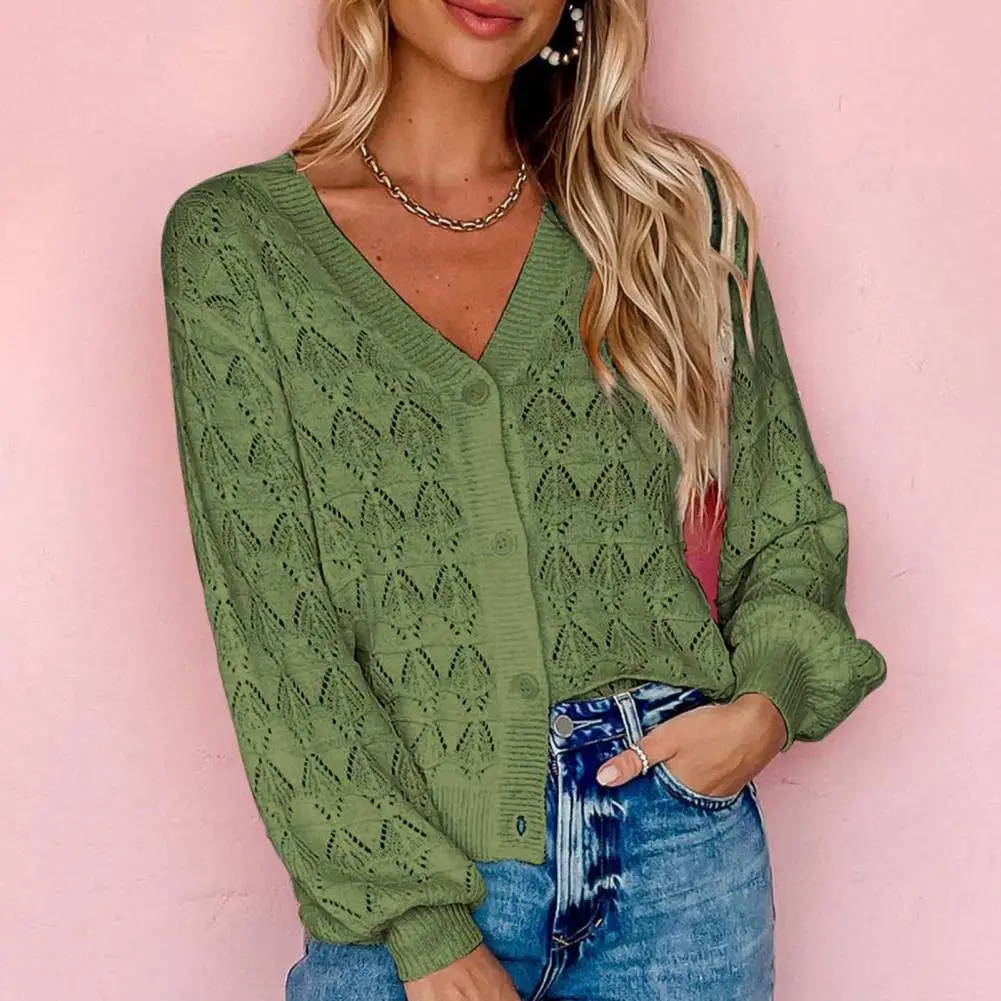 

HOT Women Cutout Cardigan Sweater Cropped V-neck Long Sleeve Single Breasted Crochet Knit Tops Puffed Sleeve Ribbed Hem Jumpers