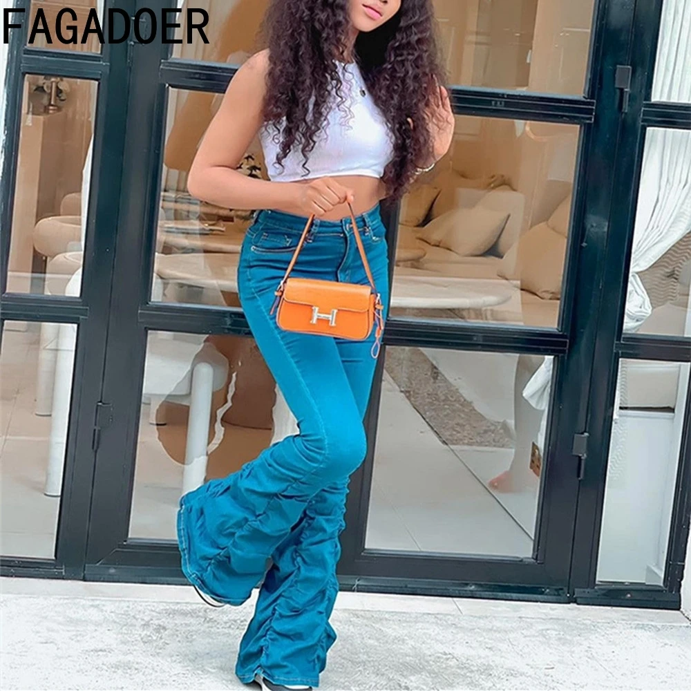 FAGADOER Fashion Y2k Stackets Jeans Denim Pants Overalls Women Retro Streetwear High Stretchy Ruched Casual Jeans Pants Club
