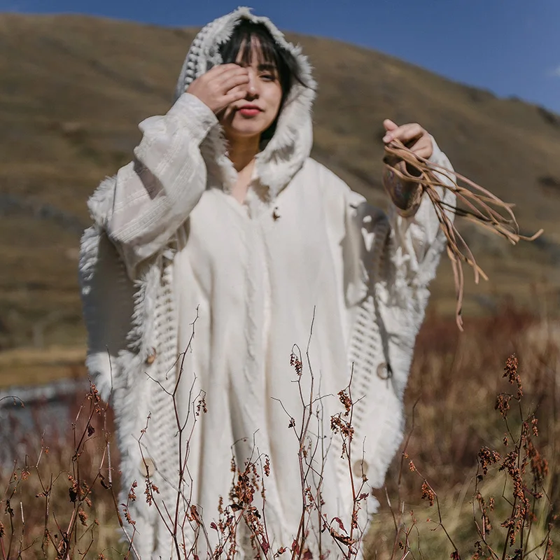 Retro Hooded Pullover Knitting Batwing Shirt All-Matching Hollow Long Fringe Cloak