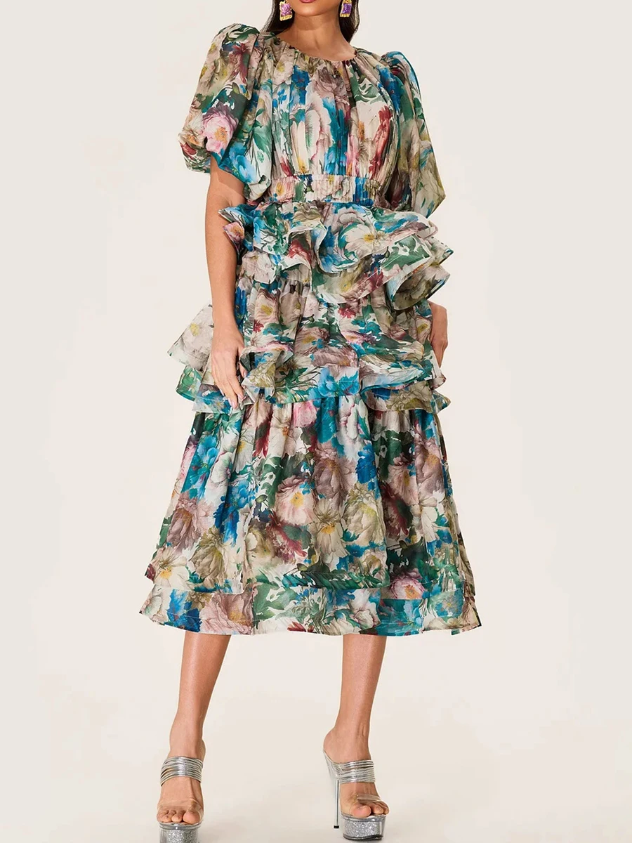 TWOTWINSTYLE Solid Spliced Ruffles Slimming Dresses For Women O Neck Short  Sleeve High Waist Temperament Long Dress Female New - AliExpress 200000345