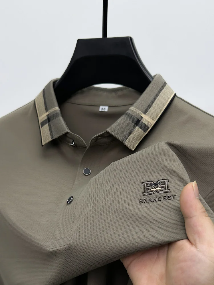 

Высококачественная летняя бесшовная эластичная рубашка-поло из ледяного шелка, деловая Повседневная рубашка с принтом, универсальная дизайнерская рубашка-поло с лацканами, модная мужская рубашка с короткими рукавами