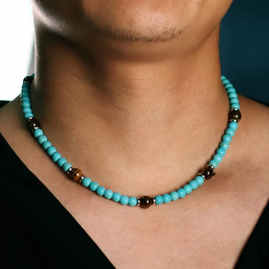 Natural Stone Lava Tiger Eyes Necklace For Men