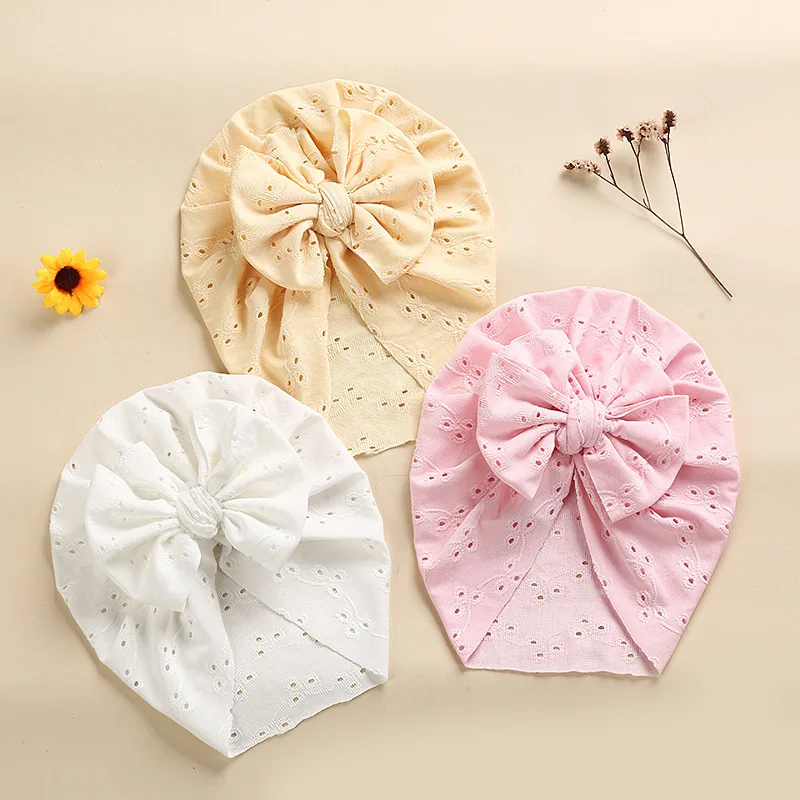 designer baby accessories Sweet Lace Embroidery Baby Hat Turban Soft Elastic Bow Hollow Infant Beanies Spring Summer Solid Color Kids Girl Boy Head Wrap ergo baby accessories