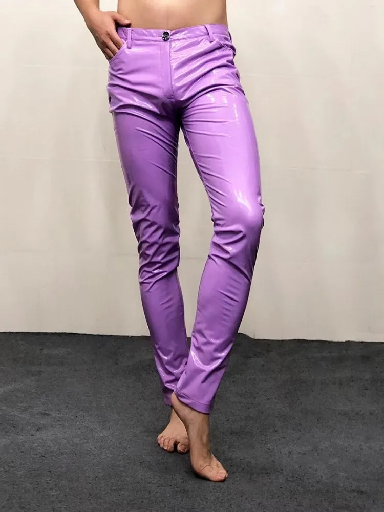Sexy Men Night Clubwear Stretchy Skinny Pencil Pants Mirror Smooth Faux Patent Leather Trousers Plus Size 6XL PU Leather Pants men trousers leather pants skinny pants