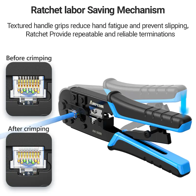 AMPCOM rj45 crimper RJ11 RJ45 Crimping Tool Ethernet Network LAN Cable Crimper Cutter Stripper Plier for 6P 8P RJ-11/RJ-12 RJ-45 - Image 5