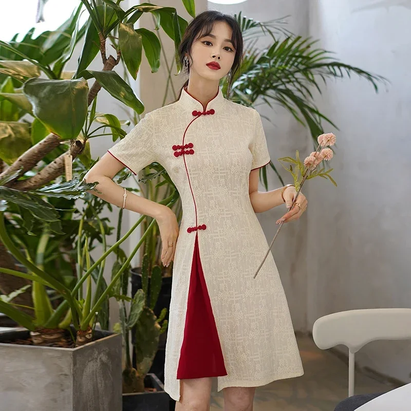 chinese dress Vintage Chinese Traditional Casual Party Women Qipao Dress Summer Stand Collar Short Sleeve Cheongsam CNY