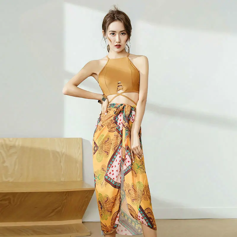 3Pcs Summer Set Swimsuit Women Sexy Print High Waist Shorts Sunscreen Shawl Shorts Top Suit with Cover Up Colorful Swimming Suit autumn solid color loose female shirts with shawl short design irregular button fly woman blouses turn down collar tees shirts