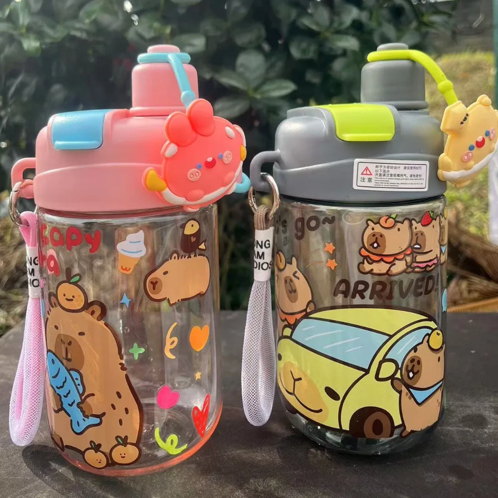대용량 카피바라 물병 PP 빨대 투명 600ML 이중 음용컵 PC 누수 방지 휴대용 물병 차