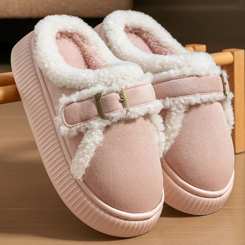 Thick Short Plush Warm Women's Slippers Korean Buckle Detor Cotton Slippers for Woman Platform Non Slip Cotton Shoes Women