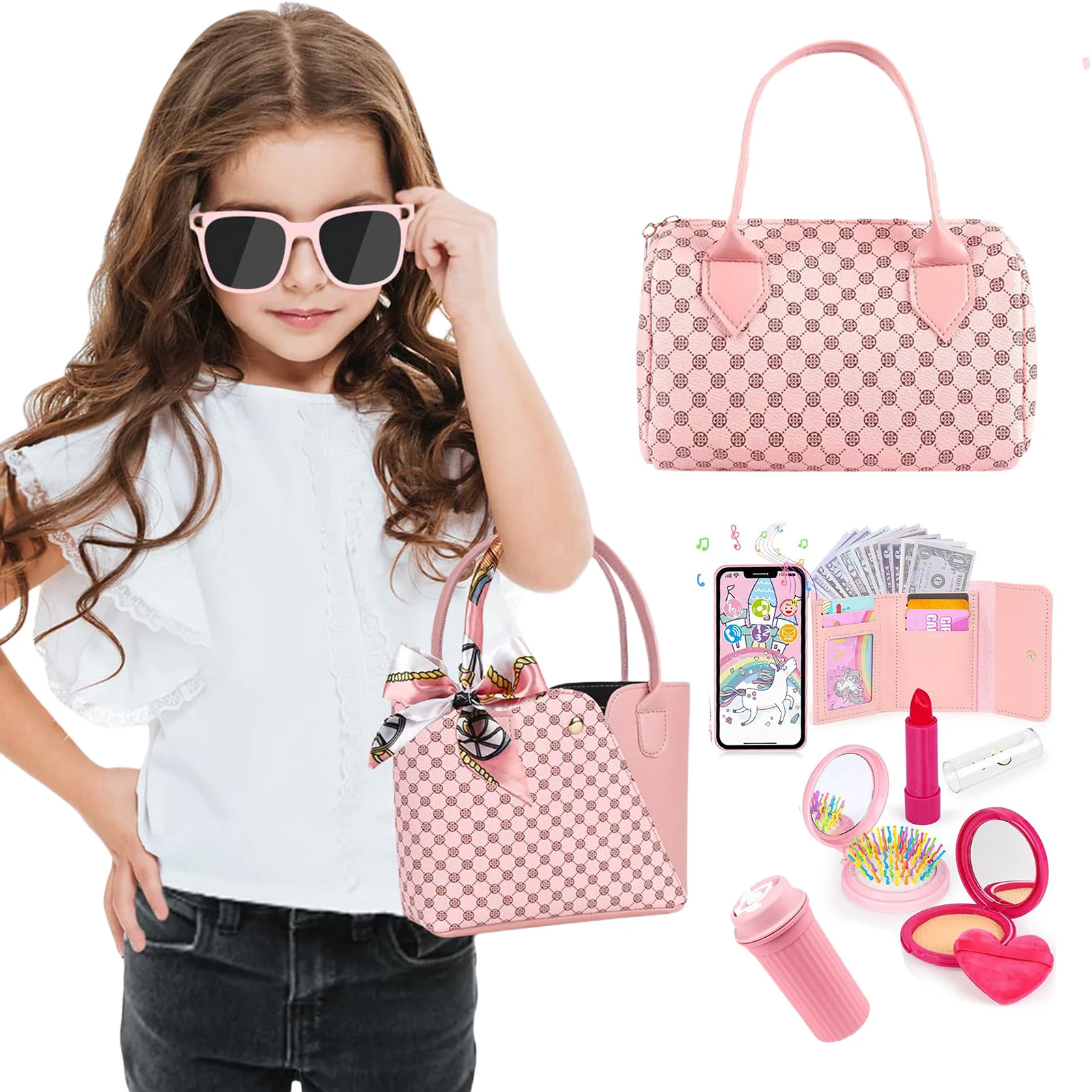 Little Girls Play Purse 32Pcs Toddler Purse Cell Phone/Makeup/Keys Kids Pretend Play Purse Princess Makeup Purse Gifts for Girls